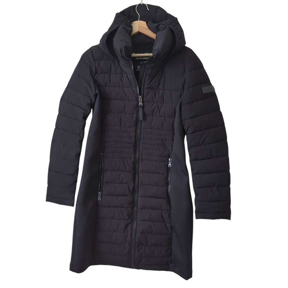 Calvin‎ Klein Walker Puffer Hooded Winter Coat Scuba Midi Warm Black Womens S